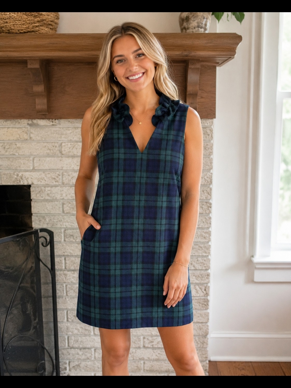 Vineyard Vines Meredith Navy & Green Plaid Ruffle V-Neck Shift Dress